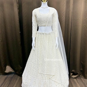 Gorgeous White Lehenga Choli For Women Georgette Lahenga Choli With Dupatta Indian Wedding Party Wear Ghagras Choli Set Reception Wear Set