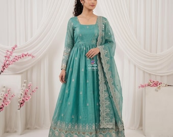 Long Anarkali Gown With Dupatta: Sky Blue Engagement Ceremony Special Silk Gown For Party Reception