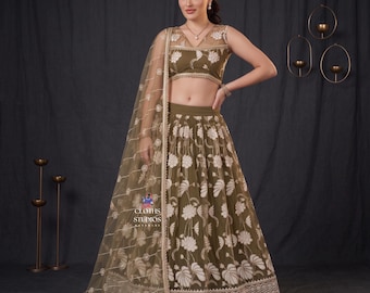 Floral Embroidered Work Choli: Olive Green Net Lehenga Choli For Mehendi Ceremony, Engagement, Wedding