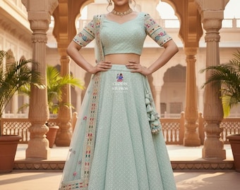 Georgette Lehenga Choli Set: Thread Embroidered Wedding Outfit For Women