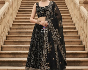 Embroidered Lehenga Choli For Women: Georgette Black Party Reception Wear Garment