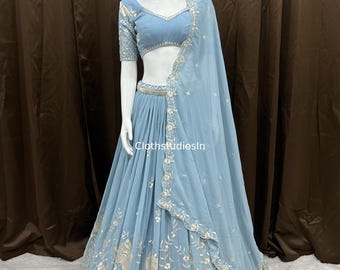 Hemelsblauwe trouwkleding Lehenga Choli: Georgette, ready-to-wear geborduurde Chaniya Choli
