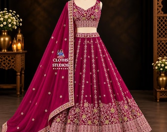 Georgette Lehenga Choli: Zwaar geborduurde Rani roze feestelijke bruiloftslehenga choli