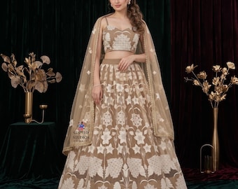 Beige Net Lehenga Choli: Indian Sangeet Wedding Traditional Party Occasional Wear Lehenga Choli Sets