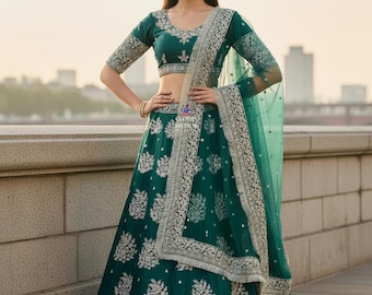 Tealblauwe Lehenga Choli voor dames: Indiase bruiloftskleding zware outfits