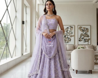 Lavender Lehenga Choli Set: Indian Wedding Outfit For Women Reception Wear