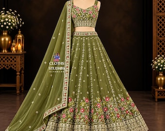 Olijfgroene Lehenga Choli: Groene Lehenga voor Mehndi, Indiase Mehndi-ceremonie, designeroutfits