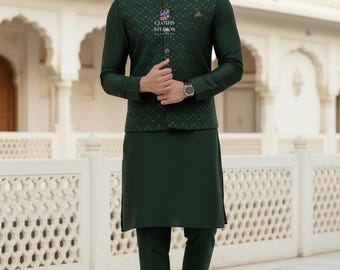 Green Koti Kurta Set For Men’s: Thread Embroidered Nehru Jacket With Pant