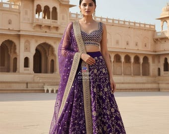 Purple Georgette Lehenga Choli: Patry Wear Reception Wear Indian Outfit For Women