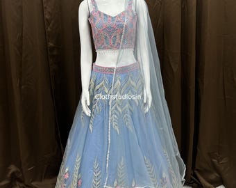 Net Lehenga Choli For Women: Ready To Wear Indian Wedding Outfit Choli Sky Blue Fancy Dress