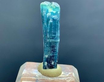 May include: A vibrant blue tourmaline crystal specimen. The crystal is a deep teal color with vertical striations, mounted on a clear, rectangular base. The top of the crystal has a lighter, greenish hue. The base is supported by a small, beige-colored stand.