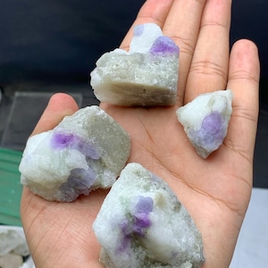 May include: Four raw, uncut mineral specimens. The stones are a mix of white, light green, and purple hues. The crystals are held in an open hand, showcasing their natural, rough textures and colors.