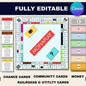 May include: A board game set featuring a square game board with the text MONAPLAY in the center, stacks of Chance and Community Chest cards, property cards, paper money in denominations of 1, 5, 10, 20, 50, 100, and 500, and two blue and white dice.