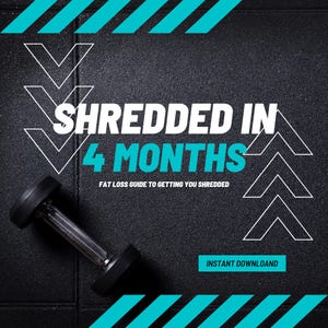 Può includere: Grafica a tema fitness con la scritta "SHREDDED IN 4 MONTHS" in bianco e verde acqua. La frase "FAT LOSS GUIDE TO GETTING YOU SHREDDED" è sotto. Un manubrio nero è nell'angolo in basso a sinistra. Lo sfondo è nero con elementi di design verde acqua e bianchi.