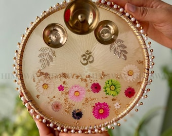 Resin Pooja Thali with Flowers | Wedding Aarti Plate with Om Symbol, Gold Accents, and Diyas | Handmade Traditional Pooja Gift for Festivals