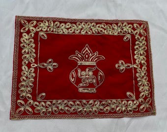 2 psc Embroidered Velvet Pooja Aasan Mat: Diwali Decor, Prayer Rug