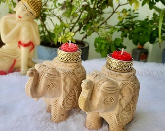 Handmade Wooden Elephant Tealight Holders | Boho Carved Figurines (Set of 2)