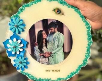 Personalized Resin Photo Frame | Custom Geode Art, Flowers, Pearls, Easel Stand
