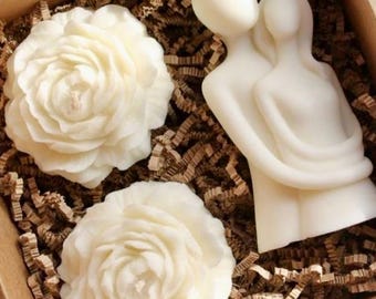 Romantic Couple & Peony Soy Wax Candle Gift Set | Handmade Valentine's Decor