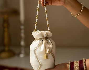 Embroidered Potli Bag | Indian Wedding Clutch with Gold Threadwork