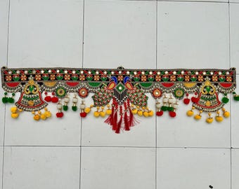 Embroidered Peacock Toran: Bohemian Door Hanging, Indian Tapestry