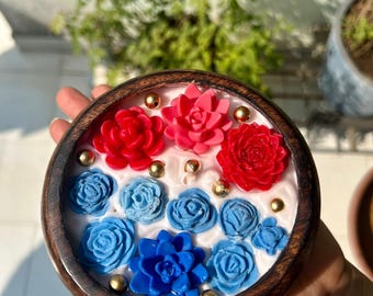 Floral Rose Dough Bowl Candle | Handcrafted Wood, Gold Flakes, Soy Wax Centerpiece