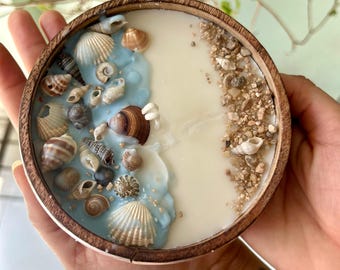 Seashell Candle in Wooden Bowl: Coastal Beach Decor Favor, Wedding, Party