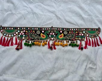 Embroidered Peacock Toran: Bohemian Door Hanging, Indian Tapestry