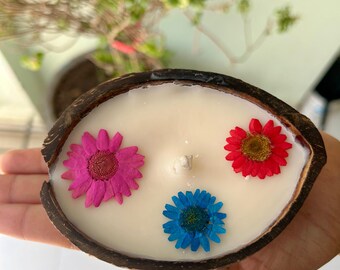 2psc Coconut Shell Candle With Real Dry Flowers, Natural Soy Wax Cozy Home Decor