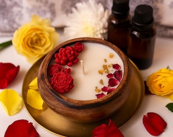 Floral Rose Dough Bowl Candle: Handcrafted Wood, Gold Flakes