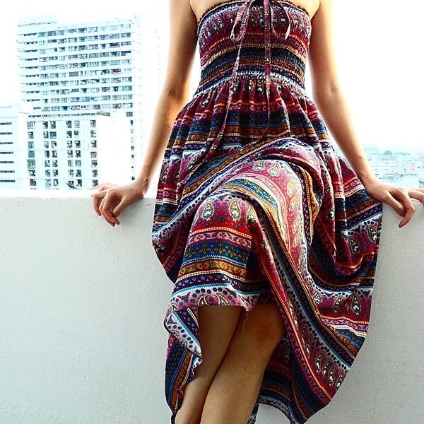 Bohemian Gypsy Boho Chintz Paisley Maxi Dress Mix To Long Skirt Bali Style Fits All Size