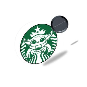 May include: A round button featuring a green and white design. The design is a parody of the Starbucks logo, with a cartoon character holding a cup. The button has a pin back.