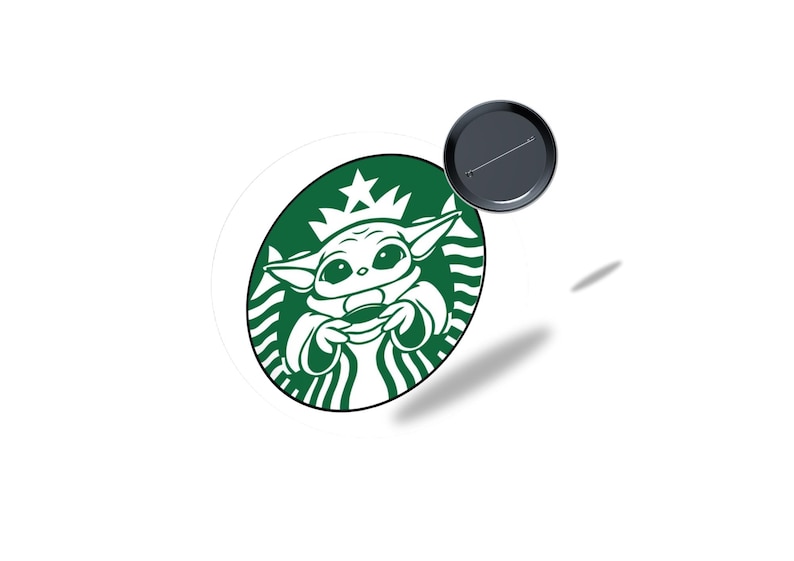May include: A round button featuring a green and white design. The design is a parody of the Starbucks logo, with a cartoon character holding a cup. The button has a pin back.