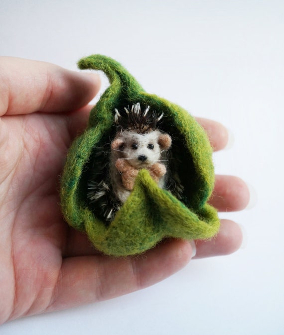 Needle felted hedgehog in a leaf Etsy