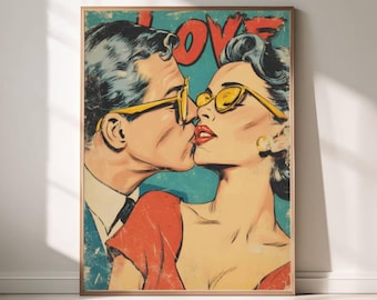 Vintage Couple Kiss Poster – Retro Pop Art Valentine Decor (Digital Download)