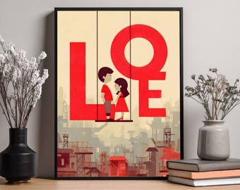 Retro LOVE Valentine's Day Print – Minimalist Couple Illustration (Digital Download)