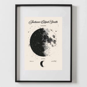 Póster de nacimiento con fases lunares personalizado • Arte mural personalizado con estadísticas del bebé • Decoración mística celestial para habitación infantil • Regalo imprimible para bebé