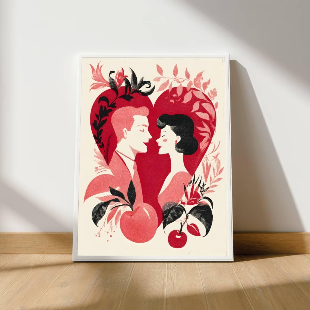 Vintage Love Couple Poster – Retro Valentine Wall Art – Romantic Heart ...