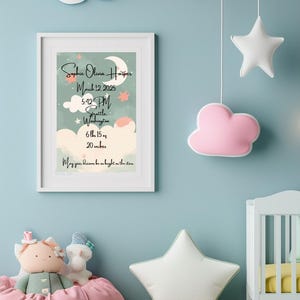 Póster de nacimiento de niña personalizado • Impresión minimalista abstracta de estadísticas de bebé • Arte de pared neutral para guardería • Diseño de nube lunar • Descarga digital