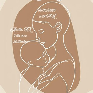 Arte lineal minimalista de madre y bebé • Póster de una sola línea de mamá sosteniendo a su recién nacido • Arte mural imprimible A4 • Plantilla digital de regalo para guardería