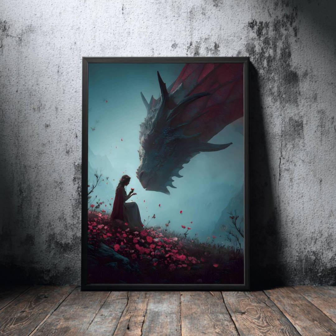 Fantasy Dragon and Girl Art Print – Mystical Fairytale Poster (digital ...