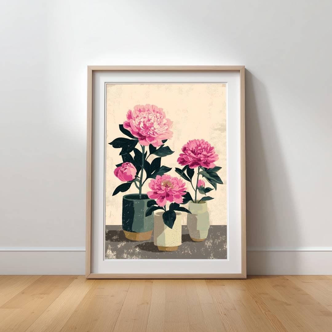 Pink Peony Print – Mid-century Modern Floral Still Life (digital ...