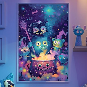 Kawaii Halloween-poster – schattig griezelig monster muurkunst – griezelig schattige ketelprint – pastel digitale horrorkunstwerk – spookachtige kinderkamerinrichting