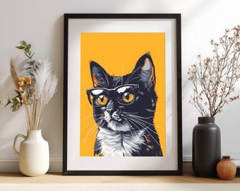 Lámina artística de gato con gafas: Retrato pop moderno de mascota (descarga digital)