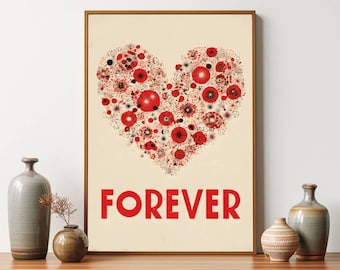 Red Floral Heart Print – Forever Love Typography, Valentine's Decor (Digital Download)