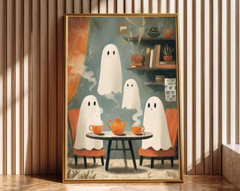 Vintage Geist Teeparty Kunstdruck - Gruseliges Retro Halloween Dekor (Digitaler Download)