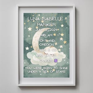 Personalisiertes Baby Geburtsposter • Mond und Sterne himmlische Wandkunst • Teal Nachthimmel Neugeborene Zahlen Druck • Individuelles Geschenk zur Geburt
