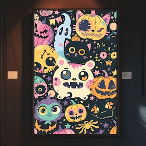 Kawaii Halloween-poster – Leuke spookachtige pompoen muurkunst – Griezelig schattige kat en spook print – Pastel horror kamerdecoratie – Digitale download