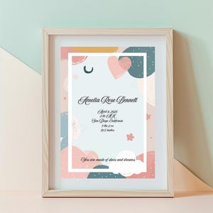 Póster de nacimiento de niña personalizado • Impresión personalizada de estadísticas del bebé • Arte mural • Decoración minimalista para habitación infantil • Descarga digital