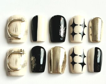 Handmade Press On Nails | Square Gel Nails with Chrome & Black and Gold Graphic | Reusable Nail Art | Glue On Y2K Nail Set | YH - 1933